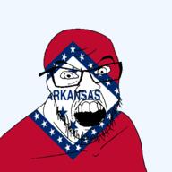 angry arkansas flag flag:arkansas glasses hair looking_at_you mustache open_mouth soyjak star_(symbol) state stubble teeth text transparent_background united_states variant:feraljak // 1500x1500 // 174.6KB
