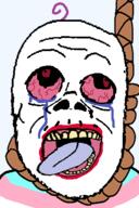 ack baby bloodshot_eyes crying deformed hair hanging makeup mustache open_mouth purple_hair rope soyjak stubble subvariant:jacobson suicide tranny variant:a24_slowburn_soyjak // 296x444 // 46.1KB