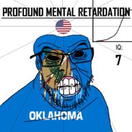 angry bald black_eyes black_hole black_sclera clenched_teeth closed_mouth cracked_teeth drool ear flag flag:oklahoma flag:united_states glasses hair iq iq_bell_curve mustache nightmare_fuel no_pupils oklahoma osage_war_shield profound_mental_retardation retard soyjak star_(symbol) state stubble text united_states variant:feraljak wrinkles // 1024x1024 // 142.8KB