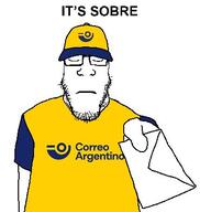 argentina arm cap closed_eyes closed_mouth clothes correo_argentino frown glasses hand hat holding_object its_over letter_(mail) mailman soyjak stubble text variant:markiplier_soyjak // 370x391 // 21.3KB