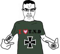 1488 angry arm chud closed_mouth clothes ear glasses hair hand heart i_love iron_cross merge nazism pointing sonnenrad subvariant:chudjak_front total_nigger_death tranny trans trans_flag tshirt variant:chudjak variant:shirtjak // 618x559 // 45.1KB