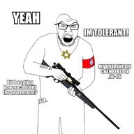 arm_band flag flag:transgender_pride_flag gun head_dent necklace open_mouth pocket retard rifle star_of_david stubble tattoo teeth text trans_flag variant:feraljak // 832x831 // 163.6KB