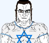 angry brown_eyes brown_hair buff closed_mouth clothes country ear flag glasses hat israel judaism kippah soyjak star_of_david subvariant:chudjak_front subvariant:muscular_chud variant:chudjak vein // 1059x929 // 46.2KB