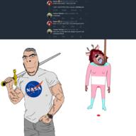 2soyjaks beard blood bloodshot_eyes buff flag flag:transgender_pride_flag furry glasses hanging homer_hickam meta:tagme nasa national_space_council open_mouth rope soyjak sword text total_furry_death twitter variant:bernd variant:cobson // 1500x1500 // 695.4KB