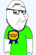 arm award bald blue_background closed_mouth green_shirt hair medal raised_eyebrow smart smug soyjak stubble variant:smugjak // 888x1341 // 34.7KB