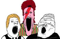 3soyjaks clothes david_bowie hair open_mouth pink_skin red_hair soyjak stretched_mouth trend:soyjak_trio variant:gapejak variant:markiplier_soyjak variant:tony_soprano_soyjak white_hair yellow_hair // 1028x668 // 237.3KB