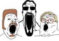 3soyjaks beard brown_hair bubbles_(trailer_park_boys) glasses hair julian_(trailer_park_boys) mustache open_mouth ricky_lafleur soyjak_trio stubble sunglasses trailer_park_boys tv_show variant:gapejak variant:markiplier_soyjak variant:tony_soprano_soyjak yellow_hair // 828x581 // 40.5KB
