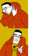 2soyjaks arm closed_eyes closed_mouth clothes drake ear eyebrows frown glasses hair hand jacket meme nas:tyrone nose red_jacket side_profile smile subvariant:chudjak_front variant:chudjak // 2400x2400 // 372.6KB