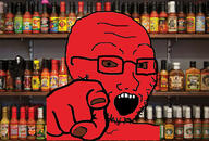 bottle brown_eyes food glasses hand hot_sauce irl_background open_mouth pointing pointing_at_viewer red_skin soyjak stubble variant:soyak // 2100x1424 // 754.5KB