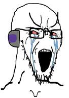 black_eyes ear glasses no_nose open_mouth robot soyjak stubble tape twitch variant:soyak // 708x1000 // 219.7KB