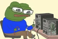 amphibian animal blue_shirt chair closed_mouth clothes computer frog glasses green_skin lips nas nas:pepe pepe pepe_the_frog repair sitting subnas:apu table transparent_background wire wires // 828x557 // 55.7KB