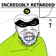 angry bald black_eyes black_hole black_sclera clenched_teeth closed_mouth cracked_teeth drool ear glasses incredible_fatty iq iq_bell_curve mask mustache nightmare_fuel no_pupils retard soyjak stubble text the_incredibles variant:feraljak wrinkles // 1024x1024 // 49.3KB