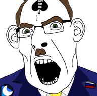bbc brown_hair clothes country cozy_tv ear flag green_eyes jaw mustache necktie nick_fuentes queen_of_spades russia soyjak suit tattoo toothbrush_moustache variant:cobson yellow_tie // 722x720 // 109.4KB