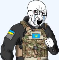arm azov_battalion badge bloodshot_eyes clothes country crying fist flag glasses hand military open_mouth russo_ukrainian_war soyjak stubble ukraine variant:soyak // 908x926 // 576.1KB
