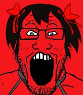 bow bury_ebil_gril choker glasses green_eyes hair open_mouth red_background red_skin s4s_(4chan) soyjak stubble variant:markiplier_soyjak // 474x546 // 83.9KB