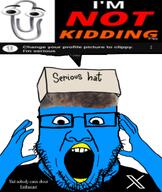 arm beak blue_skin brown_hair clippy clothes serious_hat shitnobodycaresabout snca speech_bubble subvariant:ppplier twitter variant:markiplier_soyjak variant:ppp xitter youtube zoomer zoomer_hair // 1080x1282 // 369.4KB