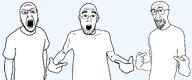 3soyjaks angry arm balding beard clothes ear glasses hair hand open_mouth pointing series:trios_&_duos shirt_trio soyjak stubble teeth template text transparent_background tshirt variant:anthony variant:shirtjak variant:tewi // 1966x824 // 45.3KB