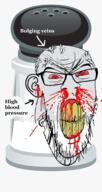 angry blood bloodshot_eyes clenched_teeth glasses mustache red_eyes salt salt_shaker soyjak stubble subvariant:feralrage text variant:feraljak vein yellow_teeth // 900x1696 // 681.7KB