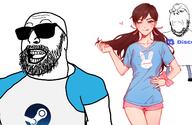 arm brown_hair closed_mouth clothes d_va discord female frown glasses leg logo meme overwatch soyjak steam stubble tshirt variant:gapejak variant:israeli_soyjak2 video_game white_skin // 1444x940 // 568.2KB