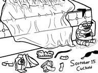 amphibian arm art artist:wauwboer bed belt black_and_white blanket bra clothes cuck drawfag drawing drawn_background fat foot frog full_body glasses hand leg meta:soytober meta:soytober2024 nas:pepe nintendo nintendo_switch obese open_mouth panties pepe_the_frog sock stubble swastika sweating text underpants video_game // 1890x1417 // 233.0KB