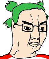 4chan angry anime closed_mouth clothes glasses green_hair hair soyjak variant:chudjak white_skin yotsoyba // 645x770 // 17.4KB