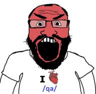 angry beard clothes glasses hair heart i_love open_mouth qa_(4chan) red_skin soyjak subvariant:science_lover tshirt variant:markiplier_soyjak // 800x789 // 105.3KB