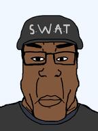 agent_stone black_skin blue_shirt bulletproof_vest closed_mouth glasses hair helmet lips no_stubble outlaw subvariant:chudplier swat transparent_background variant:chudjak variant:markiplier_soyjak video_game // 600x800 // 17.2KB