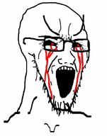 black_sclera blood blood_from_eyes crying evil glasses red_eyes soyjak soyjak_exe stretched_mouth stubble variant:soyak // 785x1000 // 82.4KB