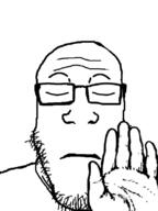closed_eyes closed_mouth glasses hand soyjak stop stubble variant:markiplier_soyjak // 600x800 // 58.6KB