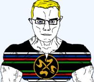 blue_eyes closed_mouth clothes glasses hair muscles smile soyjak subvariant:chudjak_front transparent transparent_background variant:chudjak yellow_hair // 1059x929 // 146.7KB