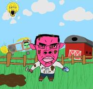 3soyjaks angry angry_birds animal bad_piggies barn blueprints closed_mouth clothes cloud drawn_background ear green_skin hair hammer holding_object mud open_mouth pig pink_skin smile smug soyjak stubble subvariant:chudjak_front sun variant:chudjak variant:markiplier_soyjak // 720x688 // 130.3KB