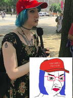 angry arm bloodshot_eyes blue_hair building closed_mouth clothes donald_trump flower full_body glasses hair hand hat holding_object horn irl judaism large_nose leg maga microphone pentagram plant police purple_hair soyjak star stubble text tree united_states variant:chudjak white_skin // 900x1200 // 179.8KB