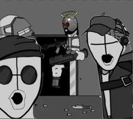 2soyjaks clothes madness_combat no_eyes no_nose open_mouth pointing soyjak variant:two_pointing_soyjaks video_game // 579x520 // 26.9KB