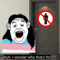 bathroom gape gaping_mouth makeup soyjak stubble tranny transgender_flag troon variant:alicia // 1080x1080 // 173.1KB