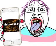 arm beard clothes deltarune flag:transgender_pride_flag glasses holding_object holding_phone looking_at_you meta:tagme mustache open_mouth purple_hair tranny troonslop variant:bernd video_game // 921x763 // 362.5KB