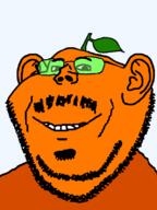 closed_mouth ear food froot fruit glasses mustache orange orange_(fruit) orange_skin stubble subvariant:felix variant:impish_soyak_ears // 598x800 // 27.1KB