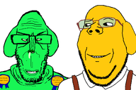 2soyjaks are_you_soying_what_im_soying award dog glasses green_skin janny looking_at_each_other mediator overalls series:trios_&_duos smile stubble subvariant:euromutt subvariant:wholesome_soyjak text transparent_background variant:gapejak variant:markiplier_soyjak white_shirt yellow_skin // 1200x799 // 156.1KB