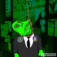 ack animated arm bloodshot_eyes bouncing central_intelligence_agency clothes federal_bureau_of_investigation full_body glasses glowing glownigger green_skin hand hanging irl_background kapwing leg mustache oe_cake rope scholar shoe sound soyjak stubble subvariant:scholar suicide trend:glowie variant:gapejak video // 712x712, 8.2s // 734.1KB