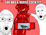 2soyjaks advertisement arm breast female food glasses hand holding_object horse horsecock impact_font looking_at_you meme nsfw open_mouth pointing smug soyjak stubble text variant:two_pointing_soyjaks vaush // 666x500 // 100.8KB