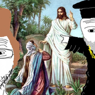 2soyjaks arm beard christianity clothes cross glasses graduate_cap hat jesus open_mouth pointing religion robe russia soyjak stubble ushanka variant:two_pointing_soyjaks // 1022x562 // 778.9KB