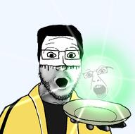 2soyjaks captain_disillusion clothes hair holding_object lens_flare makeup open_mouth plate stubble track_suit tshirt variant:platejak variant:yurjak // 1366x1350 // 572.0KB