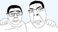aliased arm_behind_back chud friendship glasses hair hand no_more_brother_wars series:chuddified_soyjaks series:trios_&_duos shaved smile soyjak stubble subvariant:cobchud subvariant:feralchud variant:cobson variant:feraljak // 1920x1080 // 46.1KB