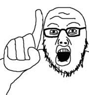 arm glasses hand looking_at_you open_mouth pointing pointing_up soyjak stubble variant:pointjak // 777x823 // 10.6KB
