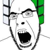 clothes glasses hat open_mouth potato random_object_on_head rubix_cube soyjak stubble variant:cobson // 722x720 // 216.9KB