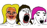 3soyjaks blond brown_hair eyebrows female glasses hair happy lipstick makeup nose_piercing open_mouth orange_skin piercing pink_hair smile soyjak variant:a24_slowburn_soyjak variant:gapejak variant:soyak yellow_hair // 1043x621 // 50.5KB