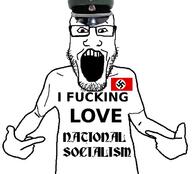 clothes glasses hand hat i_fucking_love i_love national_socialism nazi_germany nazism open_mouth pointing soyjak stubble swastika text tshirt variant:soyak // 618x559 // 88.2KB