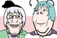2soyjaks anime antenna are_you_soying_what_im_soying bowtie clothes dress glasses green_hair grey_hair hair headband konpaku_youmu necktie smile soyjak stubble subvariant:wholesome_soyjak touhou variant:gapejak variant:markiplier_soyjak video_game wriggle_nightbug // 1200x800 // 187.7KB