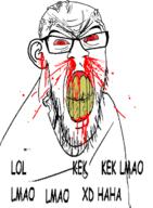 angry blood blood_drip blood_from_ears blood_from_mouth blood_on_face blood_spray bloodshot_eyes clenched_teeth comic_sans cracked_teeth ear glasses lol_kek_kek_lmao_lmao_lmao_xd_haha looking_at_you nosebleed red_eyes soyjak stubble subvariant:feralrage text v-shaped_eyebrows variant:feraljak vein white_background yellow_teeth // 895x1217 // 404.4KB