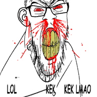 angry blood blood_drip blood_from_ears blood_from_mouth blood_on_face blood_spray bloodshot_eyes clenched_teeth comic_sans cracked_teeth ear glasses lol_kek_kek_lmao_lmao_lmao_xd_haha looking_at_you nosebleed red_eyes soyjak stubble subvariant:feralrage text v-shaped_eyebrows variant:feraljak vein white_background yellow_teeth // 895x1217 // 404.4KB