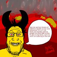 brimstone closed_mouth demon fire gem glasses hair hell horn nas red_eyes smile smoke soyjak speech_bubble stubble text variant:markiplier_soyjak yellow_skin // 1139x1134 // 347.4KB